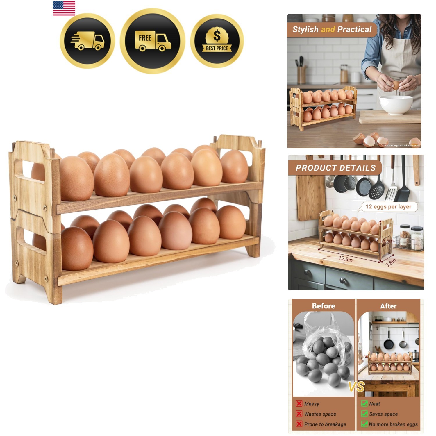 Wooden Fresh Egg Holder Countertop Stackable egg storage