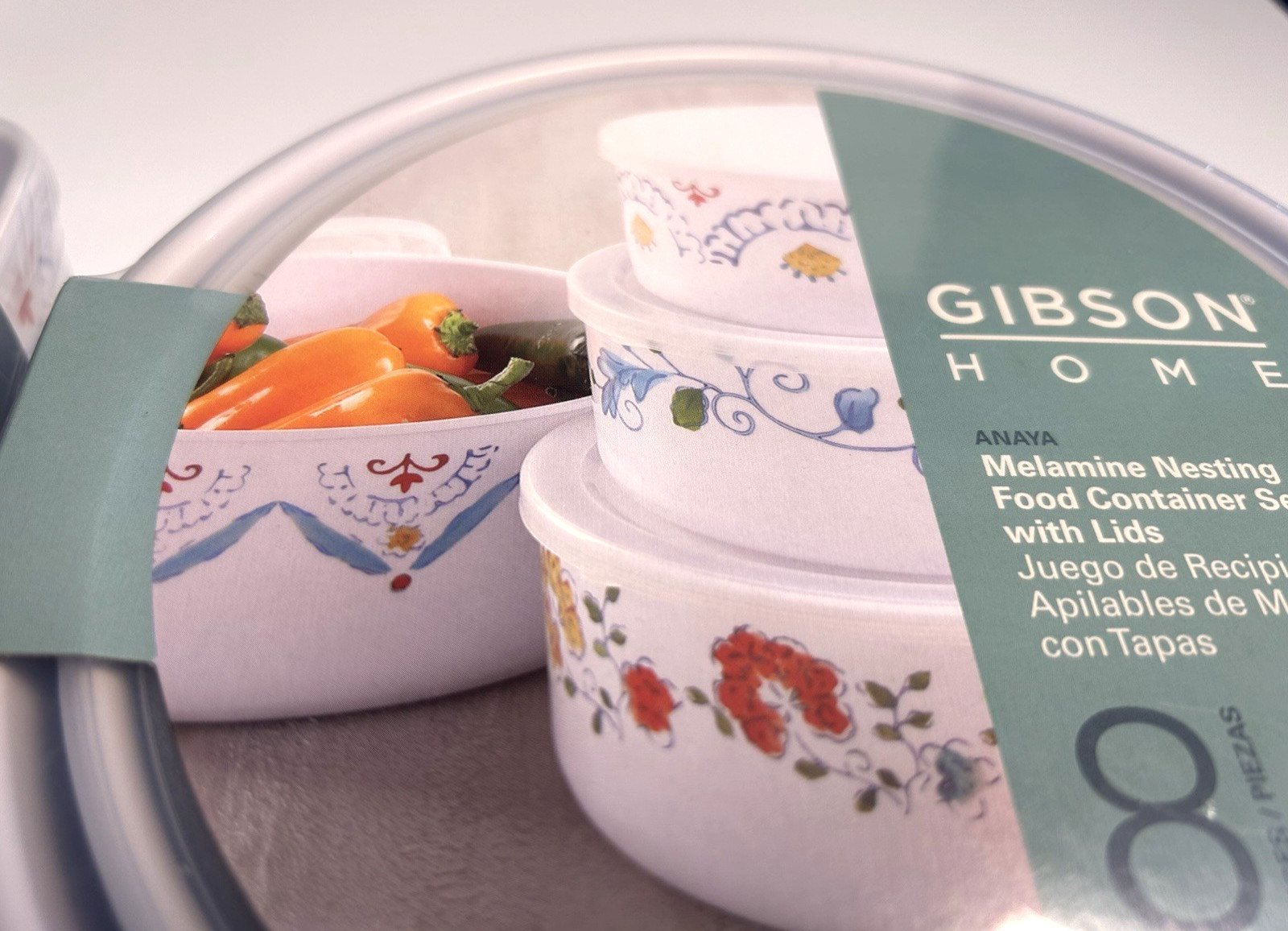 Two sets 8 pc each Gibson Home Anaya Nesting Food Containers w/lids round & rect