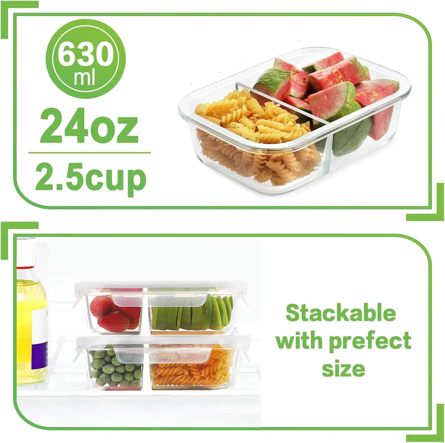 10 Pack 24Oz Glass Meal Prep Containers 2 Compartment, Food Storage Containers w