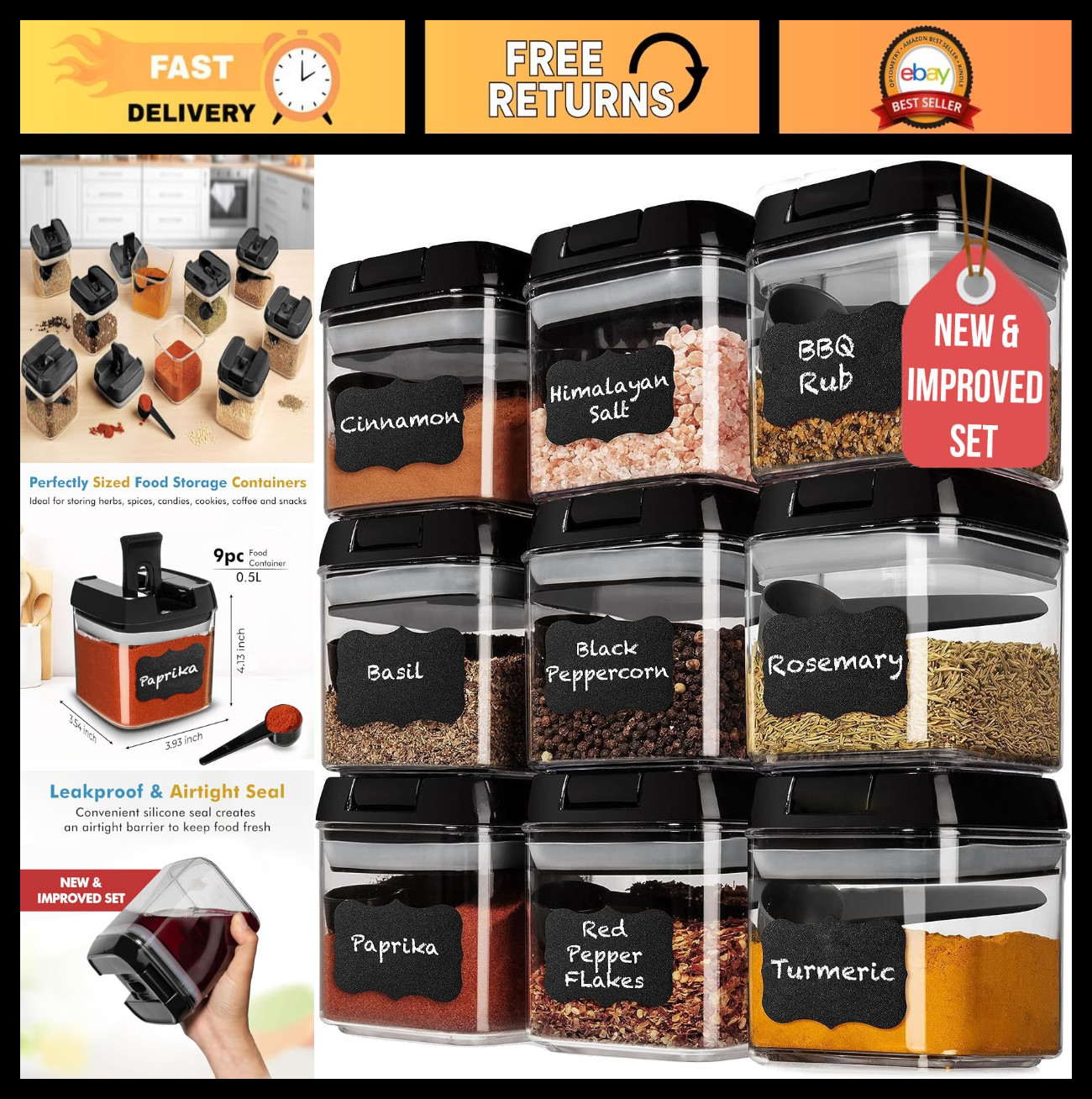 9PC Airtight Food Storage Containers – BPA Free Clear Plastic, Easy Lock Lids, K