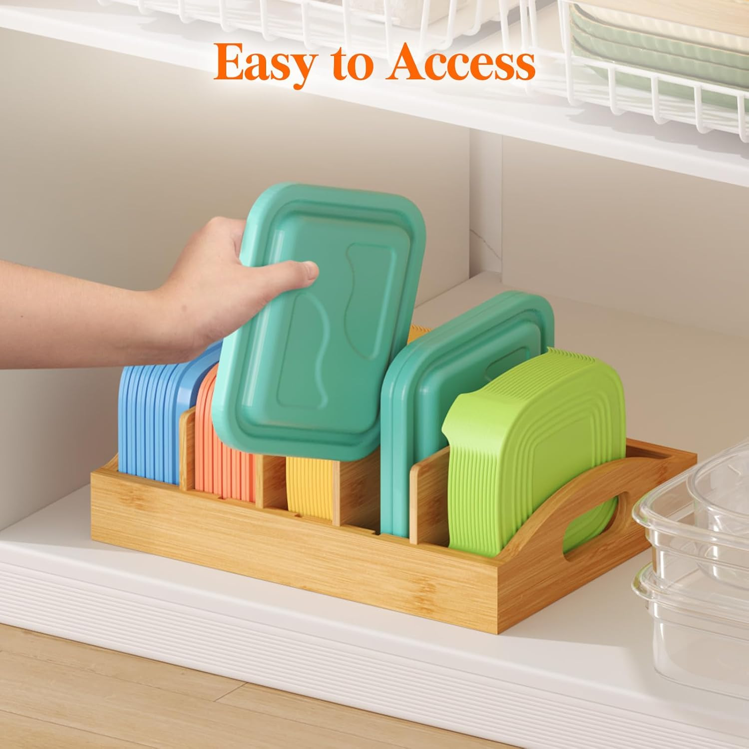 Bamboo Lid Organizers for inside Cabinet, Food Storage Container Lid Holder with