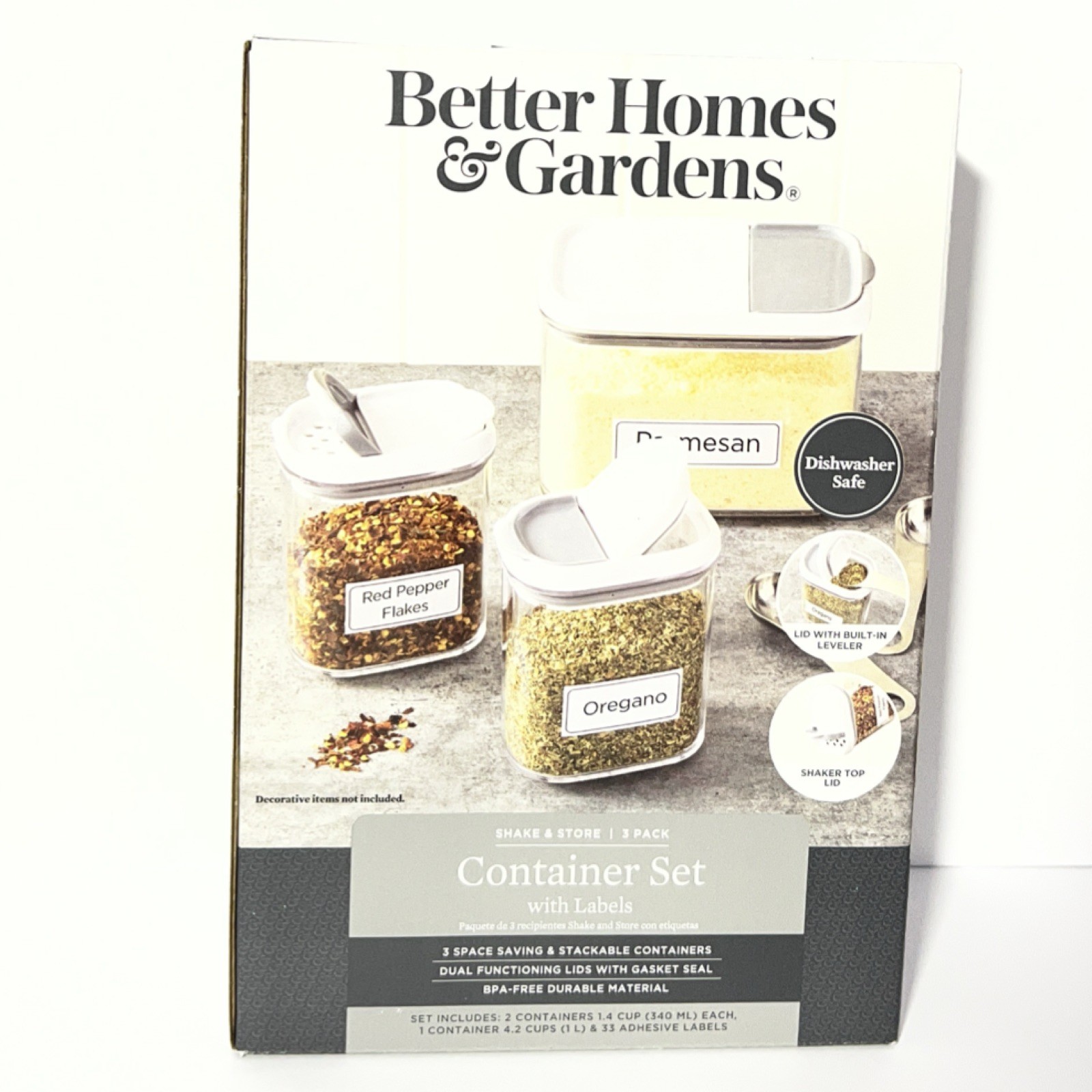 Better Homes and Gardens Shake & Store 3 Storage Spices Containers Labels Clear
