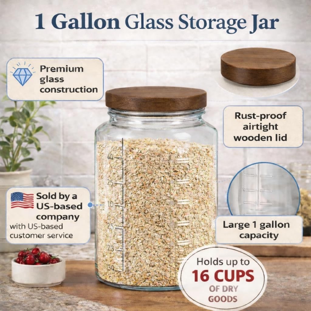 1 Gallon Glass Mason Jar with Airtight Wooden Lid, Wide Mouth Large Food Storage