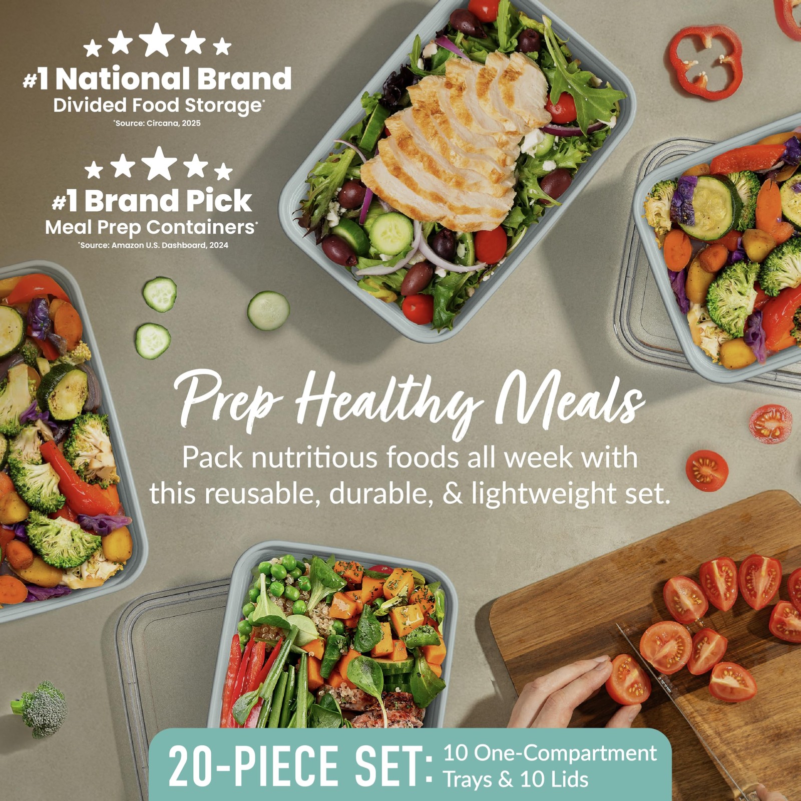 Bentgo Prep 20~Piece 1~Compartment Meal Prep Containers, Mint