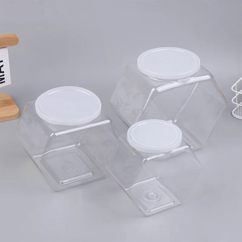Portable Hexagonal Candy Cookie Jar Plastic with Lid Packaging Jars Clear Reusab
