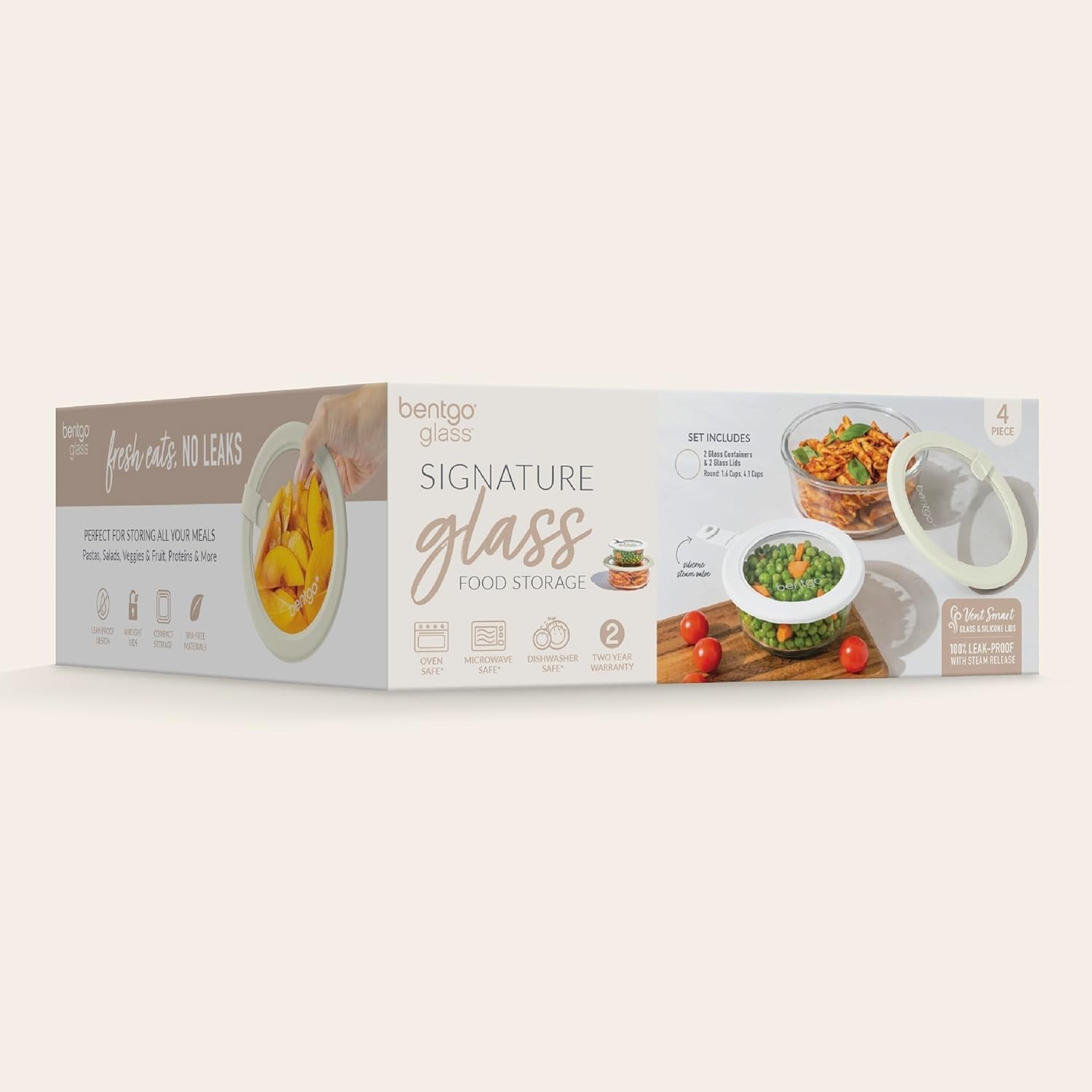 4Pc Leak Proof Glass Food Storage Containers Airtight Lids White Stone
