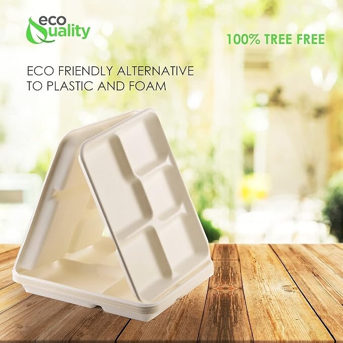 5 Compartment Compostable Food Storage Container No Lids – 100 Pack