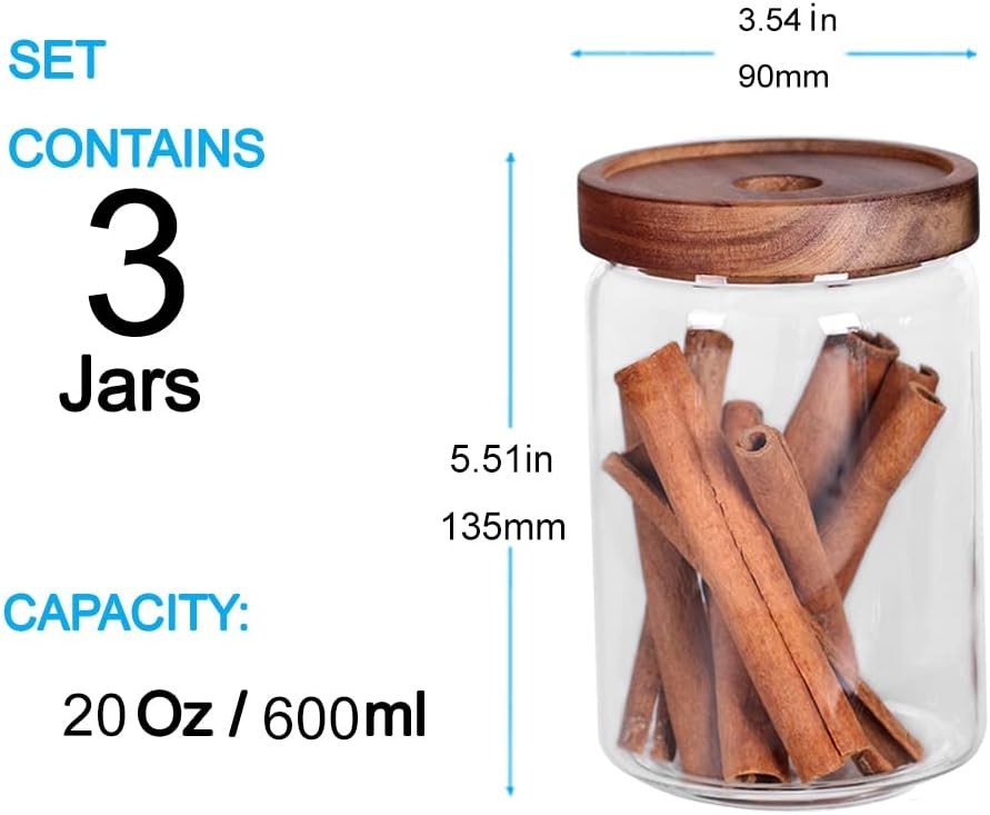 Glass Jars, Food Storage Containers with Airtight Acacia Lids, 20FL OZ(600ml)