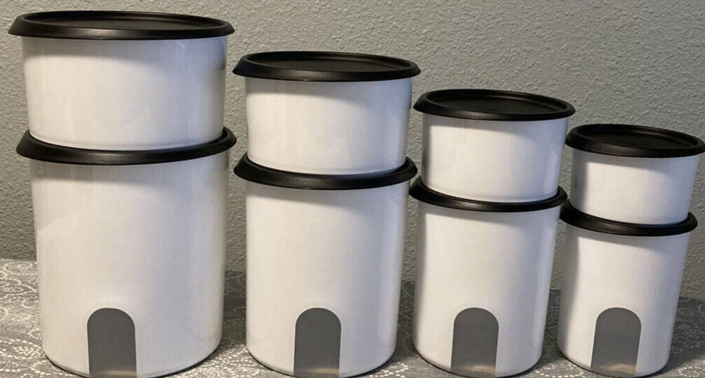 Tupperware Reminder Window Canisters & Toppers Set White w/ Black Seals Lids New