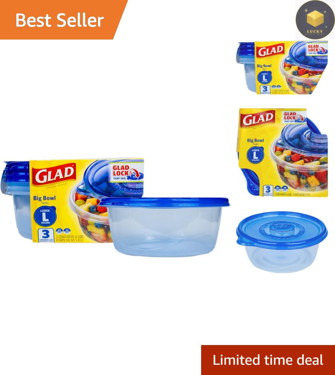Dishwasher Safe 48 oz BPA-Free Round Containers with Snap-On Lids, 3 Pack