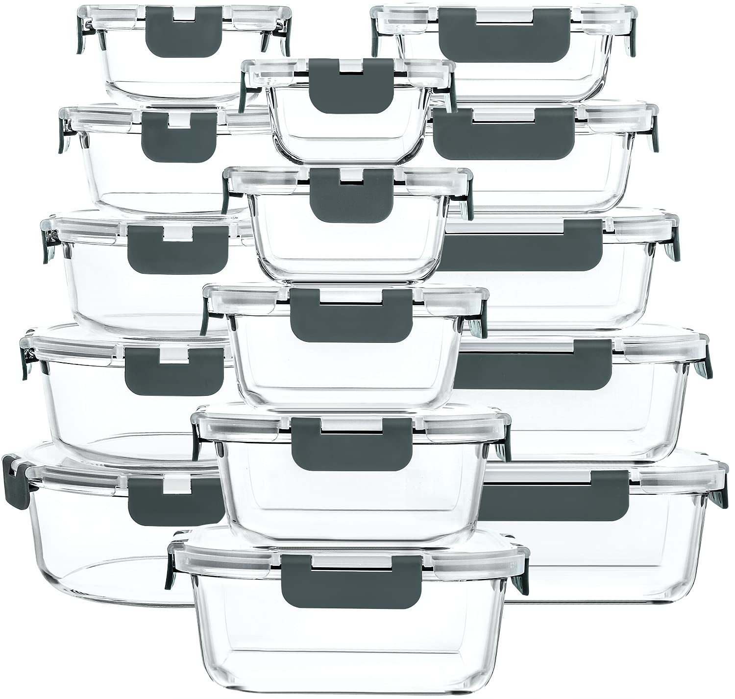 30~Piece Glass Food Storage Containers Set with Snap Lock Lids