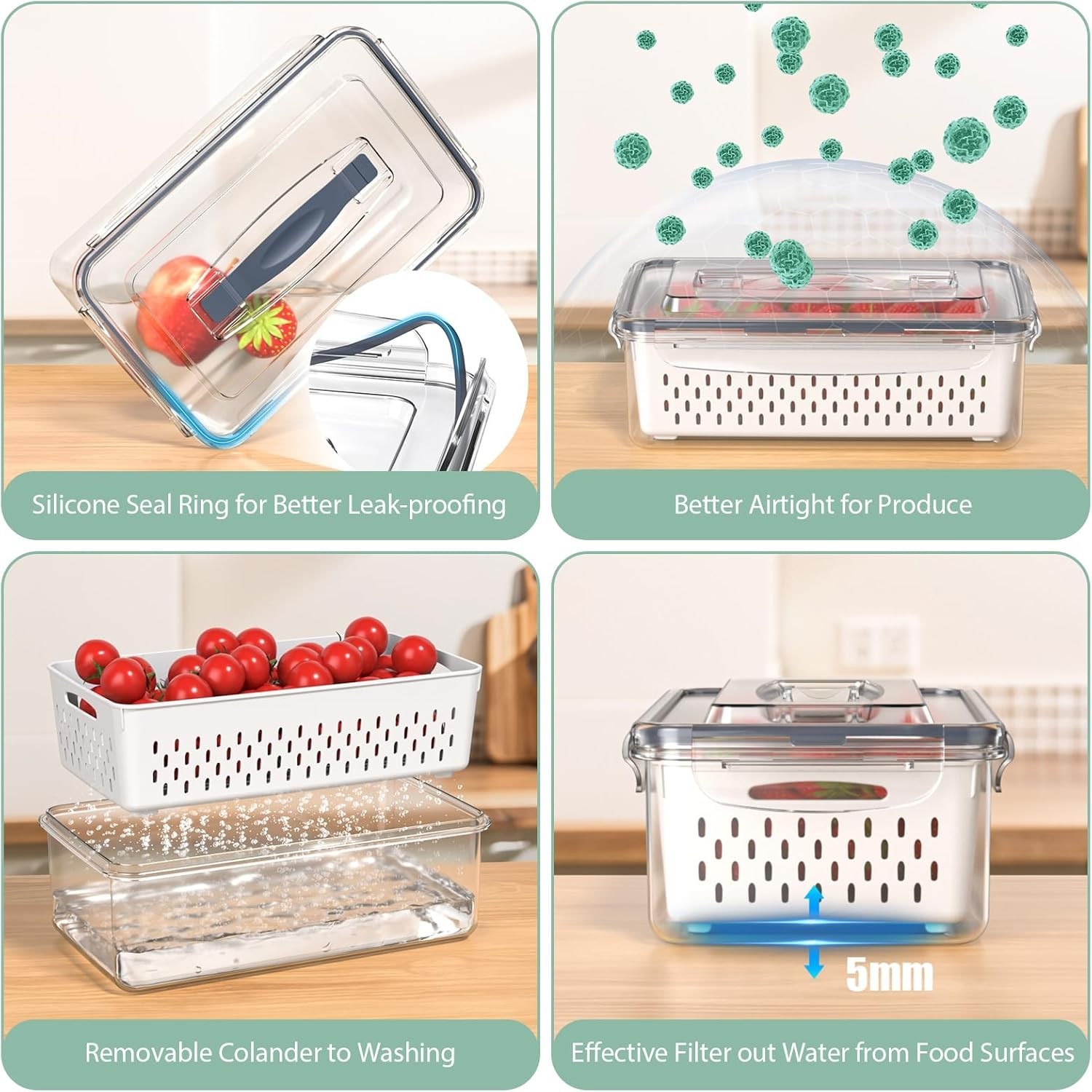 Fruit Storage Containers Set, Airtight, Removable Colander, Handles