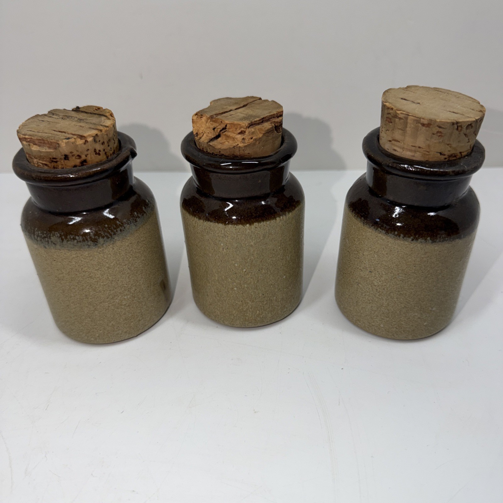 Vintage MCM Canister Set of 3 Speckled OliveGreen Glaze w/ Cork Tops Signed GP