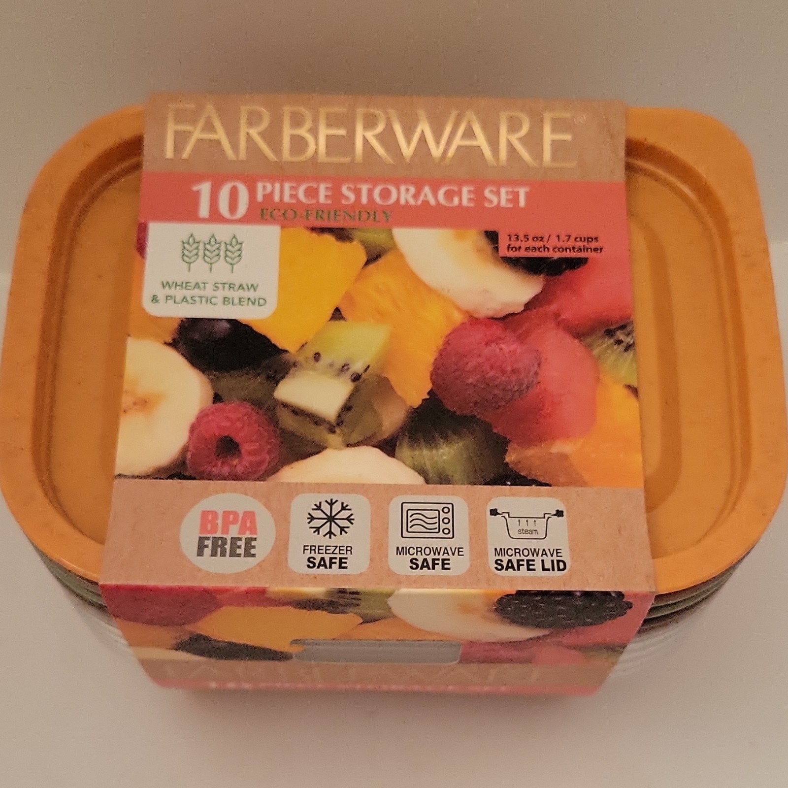 Farberware 10pc 13.5oz Rect Food Storage Set Vented Lids BPA Free Orange