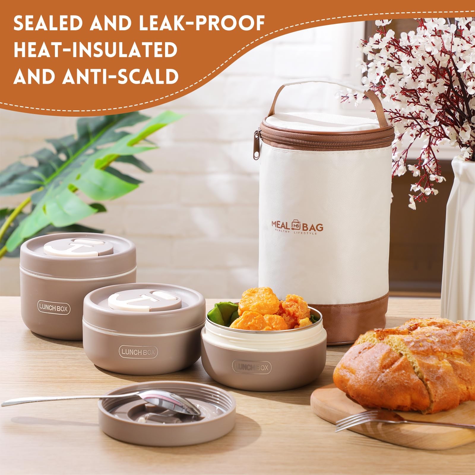 Dandat 3 Pcs Insulated Lunch Container Set, Stackable Stainless Steel Bento Box