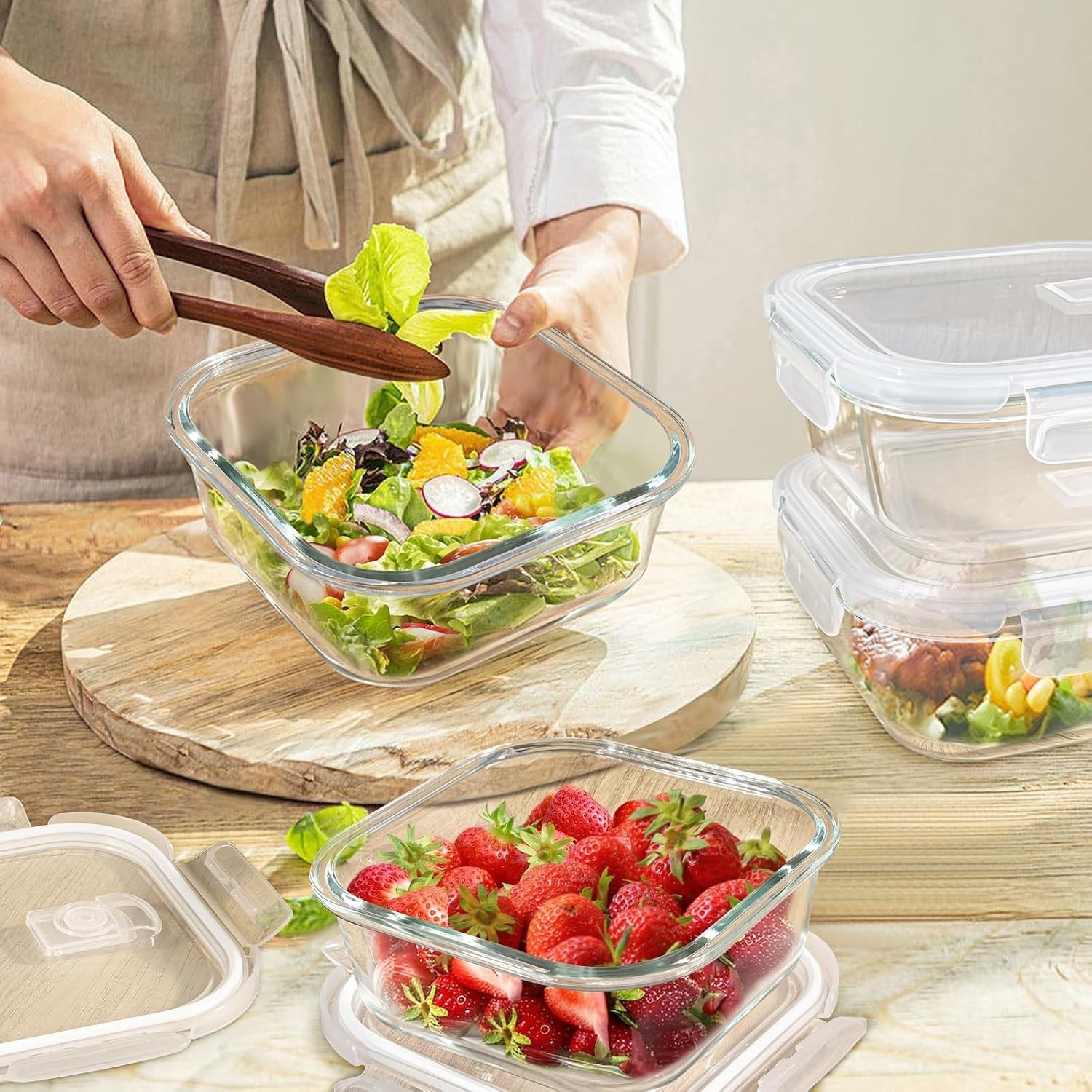 Square Glass Containers with Lids 3 Cup/24 oz, 4 Pack