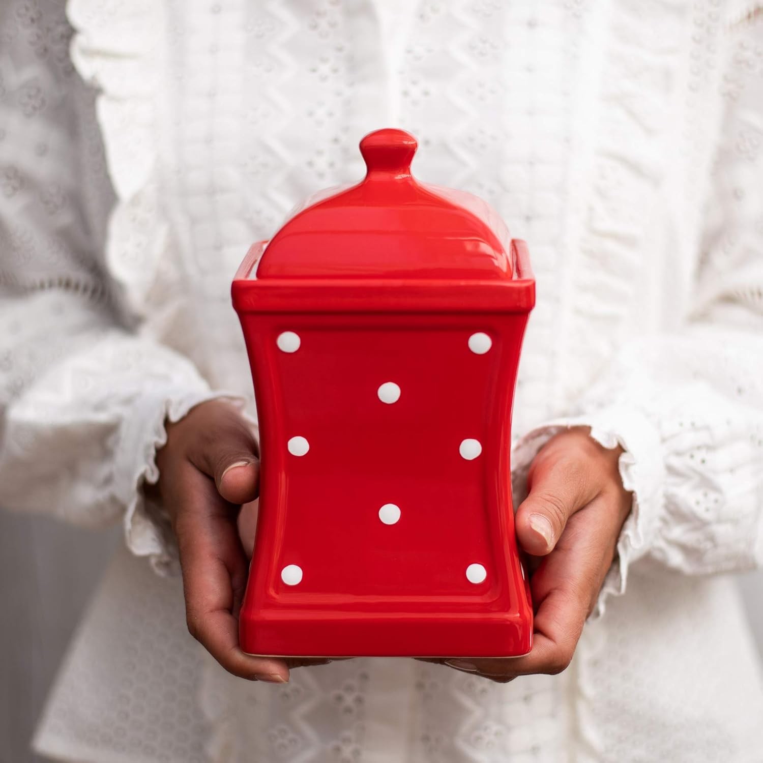 Red and White Polka Dot Handmade, 31.5oz/900ml Ceramic Kitchen Storage Jar Set