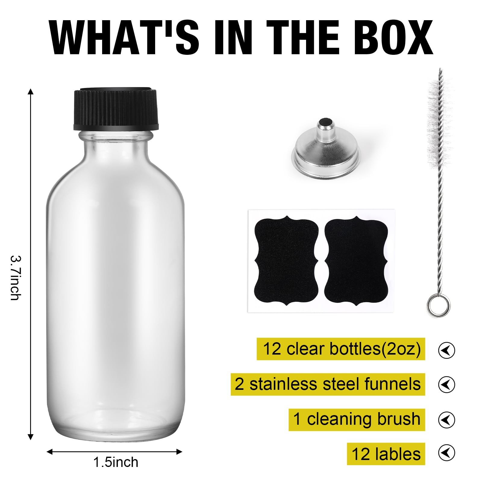 2oz Small Clear Glass Bottles with Lids, 1 Stainless Steel Funnel, 4 Labels,1…