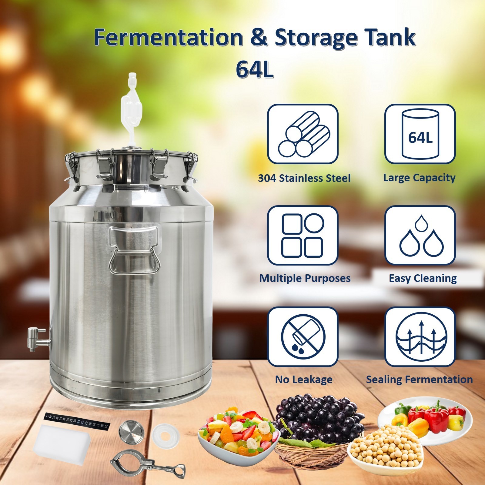 304 Stainless Steel Fermenter Tank 64L Capacity Sealing Storage Tank with Faucet