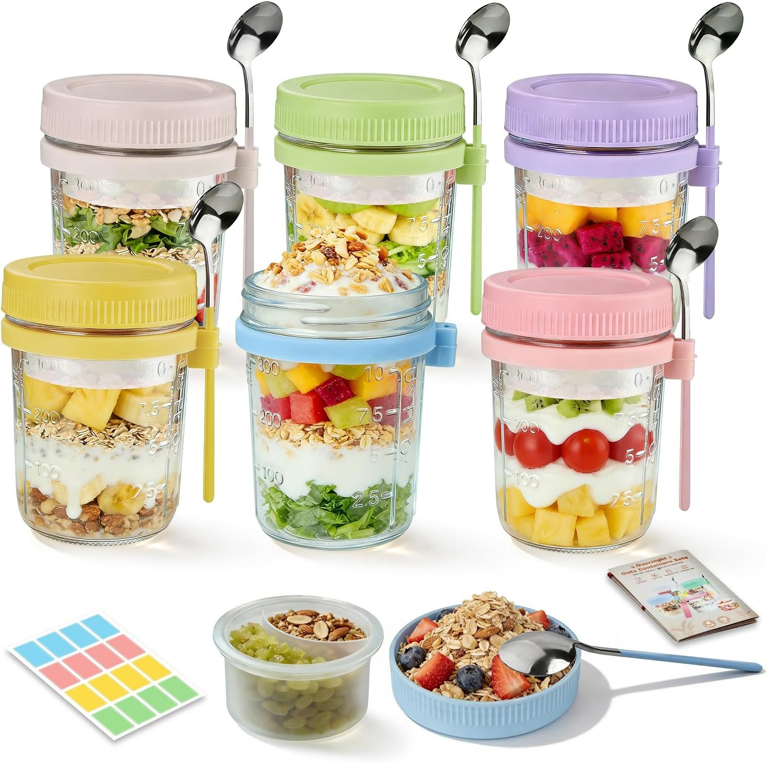 Overnight Oats Containers with Lids and Spoon – 6 Pack 16 Oz Glass Mason Jars wi