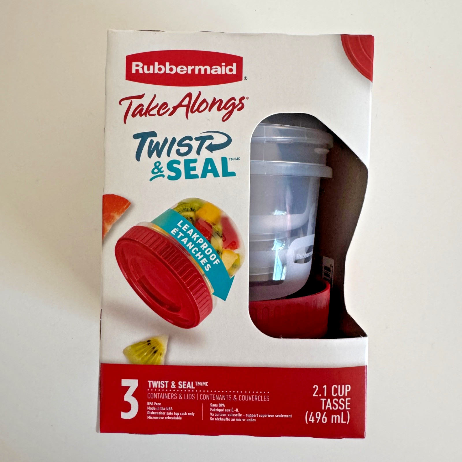 Rubbermaid TakeAlongs Twist & Seal 2.1-Cup Food Storage Containers, Red, 3-Pack
