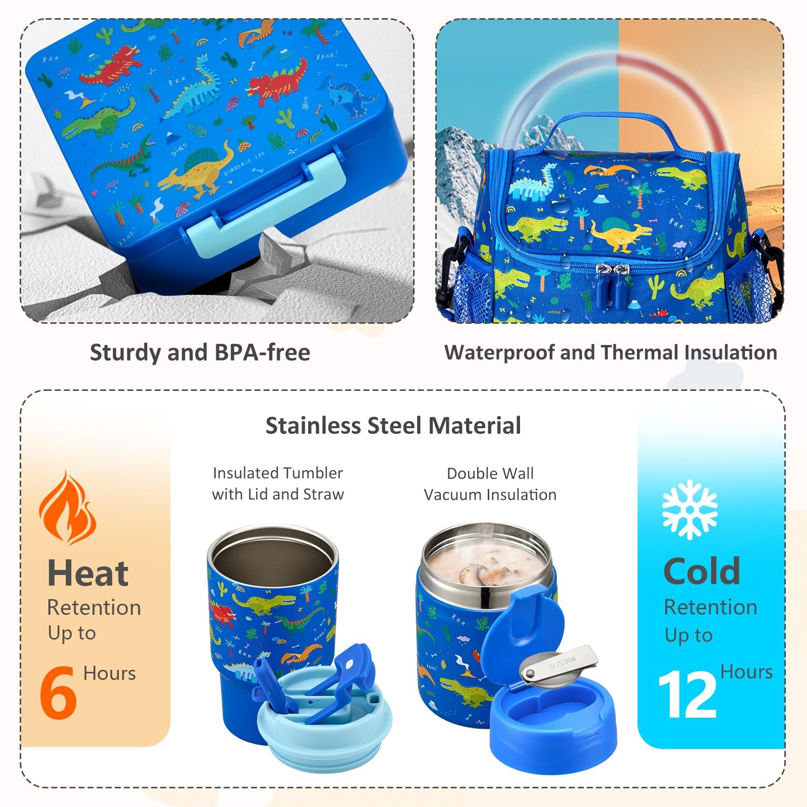Pawtong Lunch Box Set with Bento Container, 17OZ Small, Blue-Dinasour