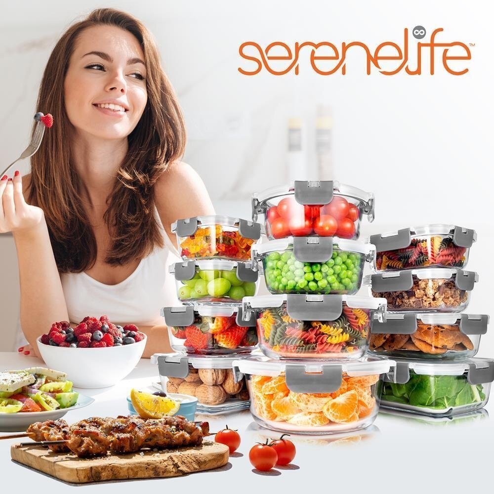 SereneLife 12Pcs. Glass Food Storage Containers Set-BPA-free Locking lids (Gray)