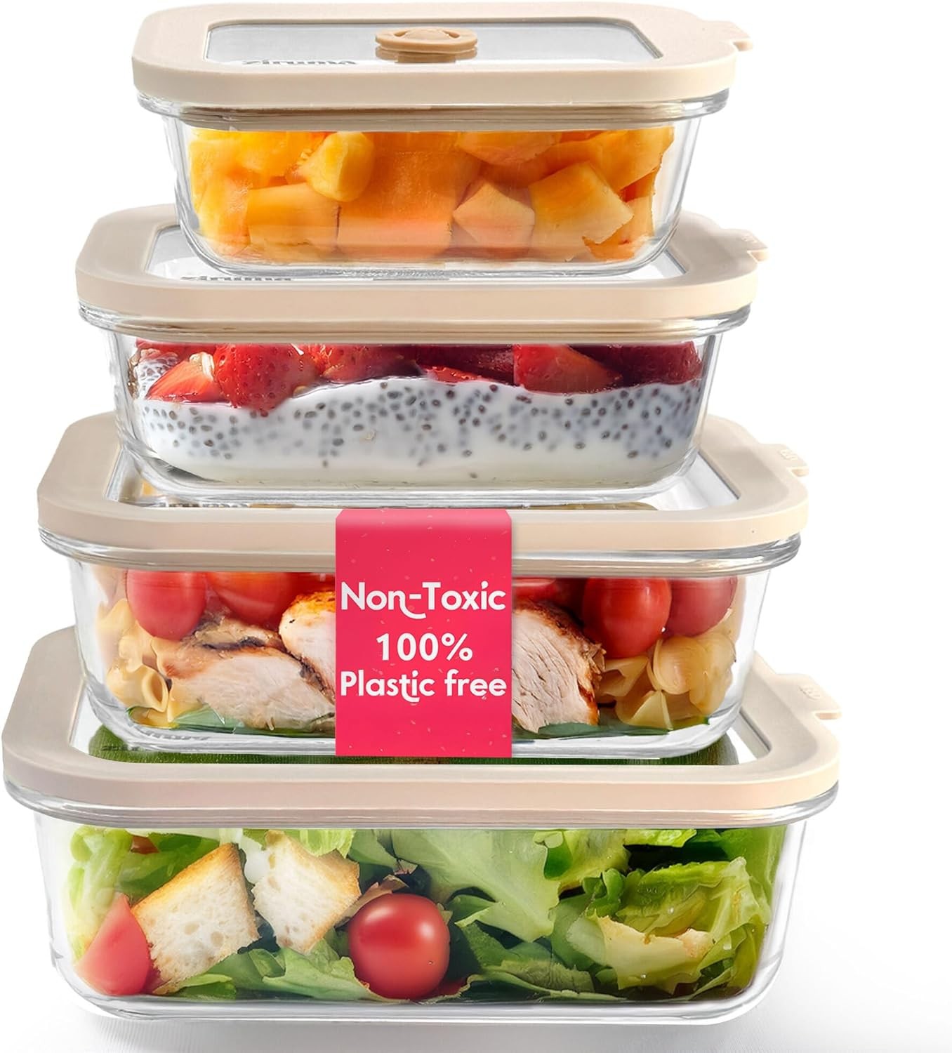 Non-Toxic 4 Pack Glass Food Storage Containers W/ Lids Plastic Free Airtight