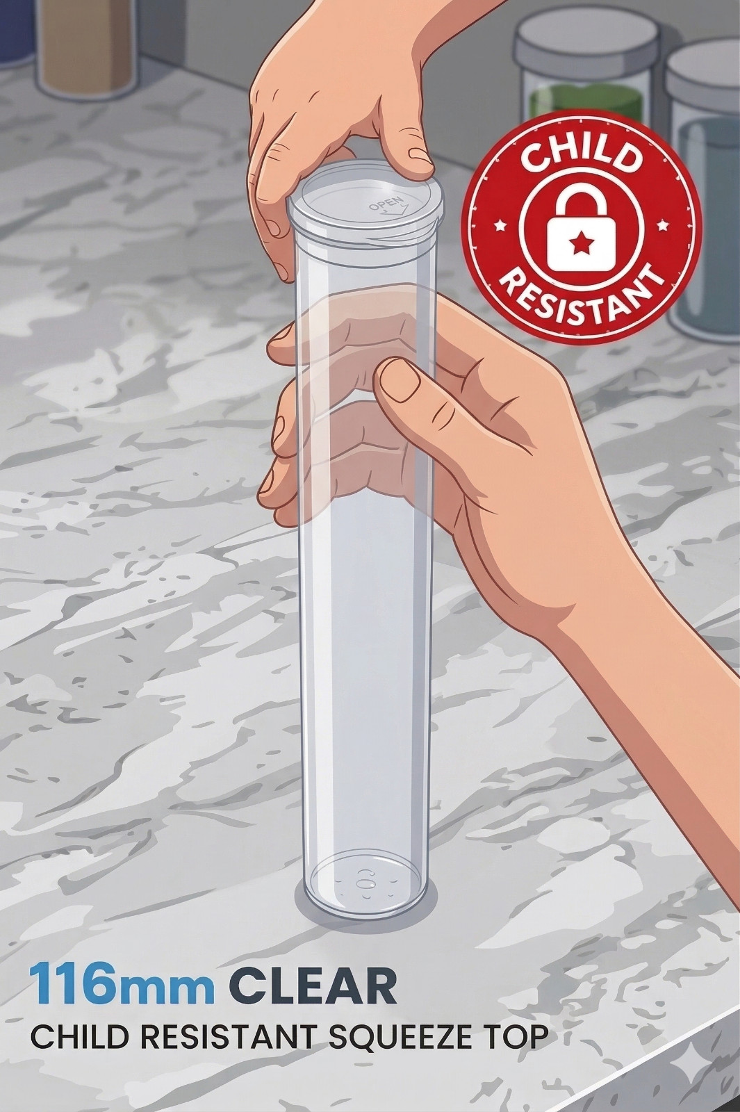 1000 Pack 116mm Tubes Clear King Size – Plastic Pop Top Tubes with Squeeze Cap