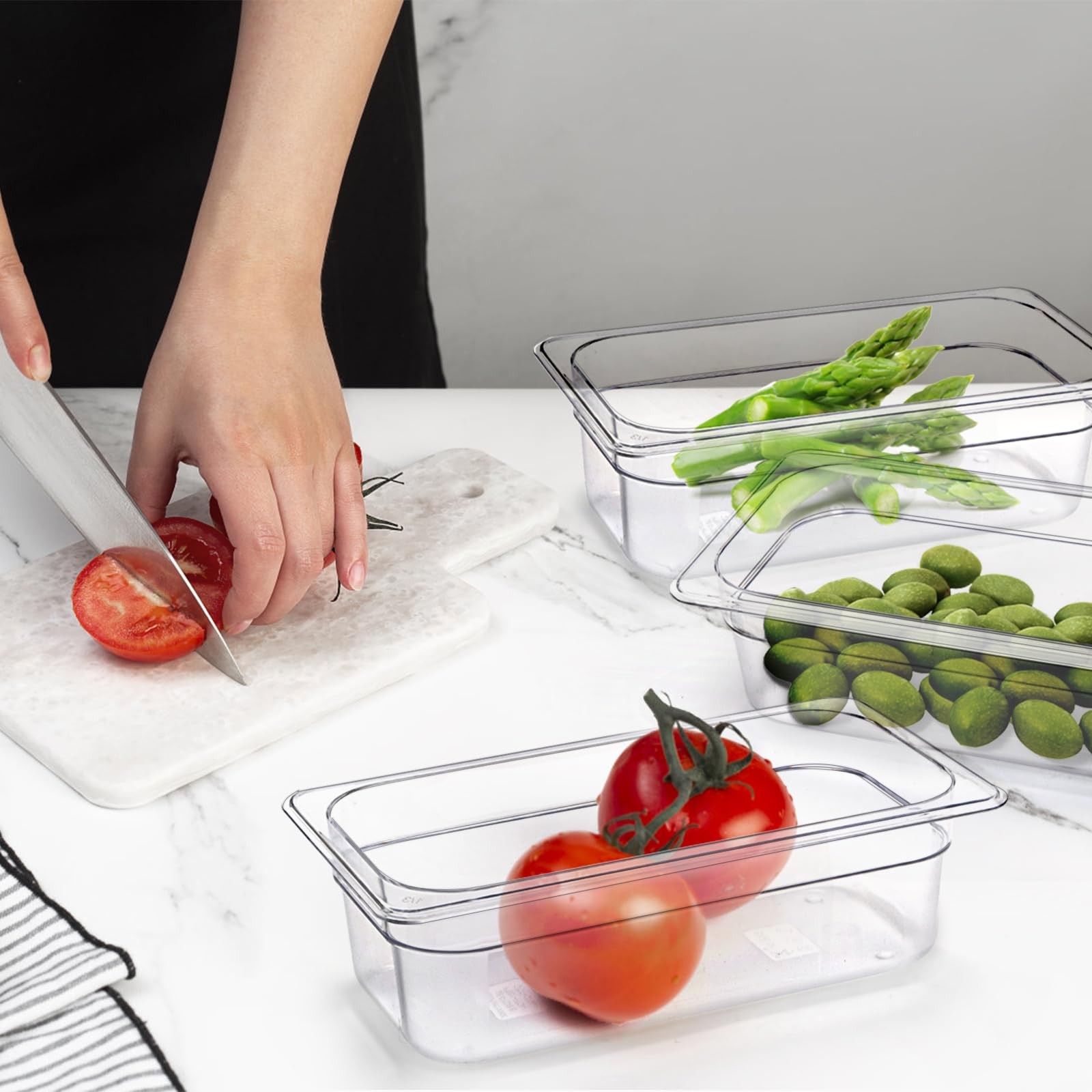 6 Pack Plastic Clear Food Pans with Lids, 1/3 Size 4 Inch Deep Stackable Comm…