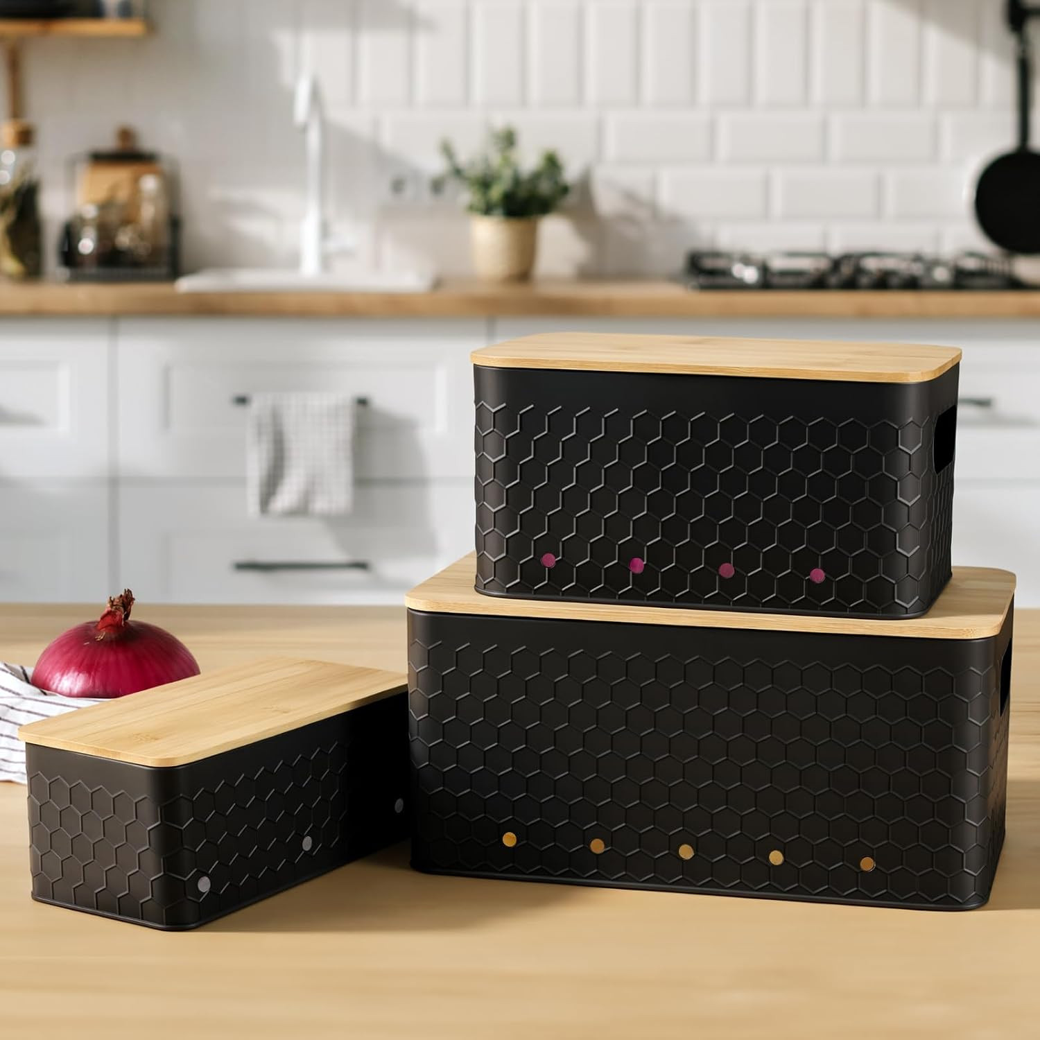 Kitchen Vegetable Storage Set of 3, Metal Onion Garlic Potato Storage Set, Kitch