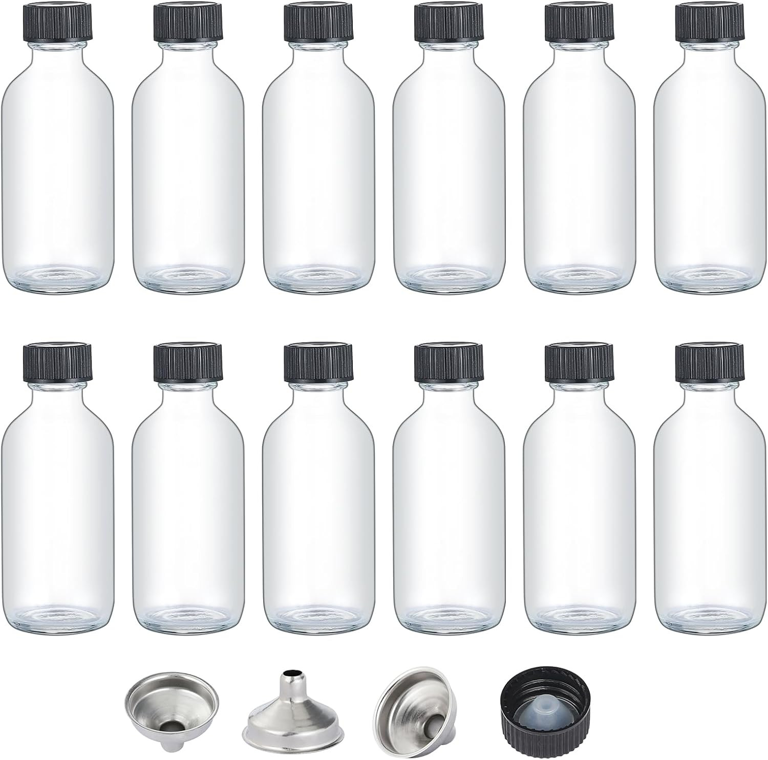 2 OZ Glass Bottles with Lids, 12Pcs Small Glass Containers with Lids and 3 Stain