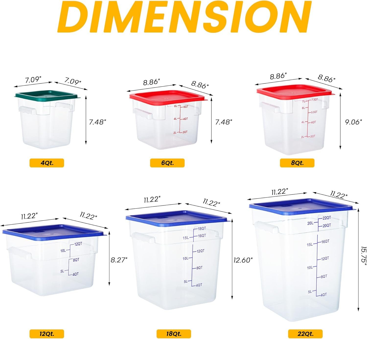 4 Pack Food Storage Containers, 22 Quart with Lids, Square Commercial Containers