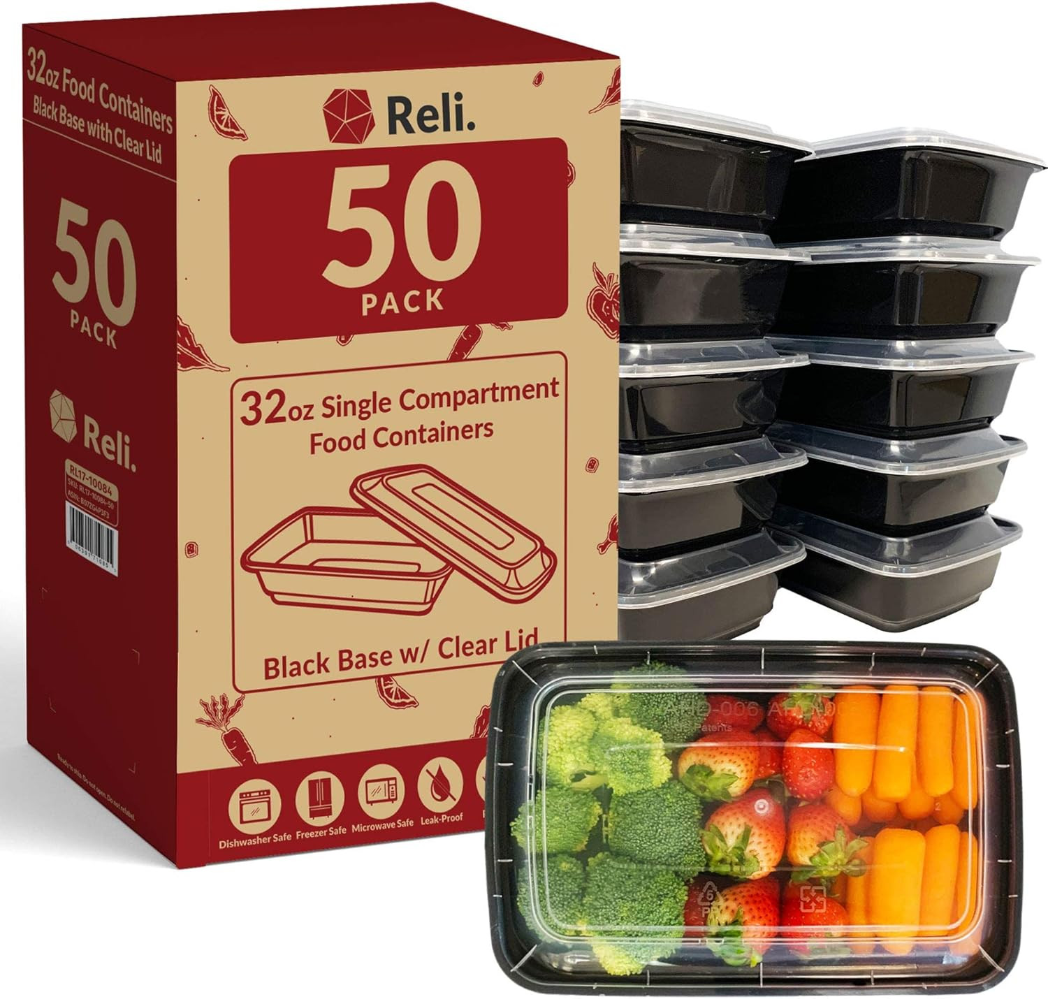 Meal Prep Containers (50 Pack, 32 Oz.) | 1 Compartment Food Containers with L…