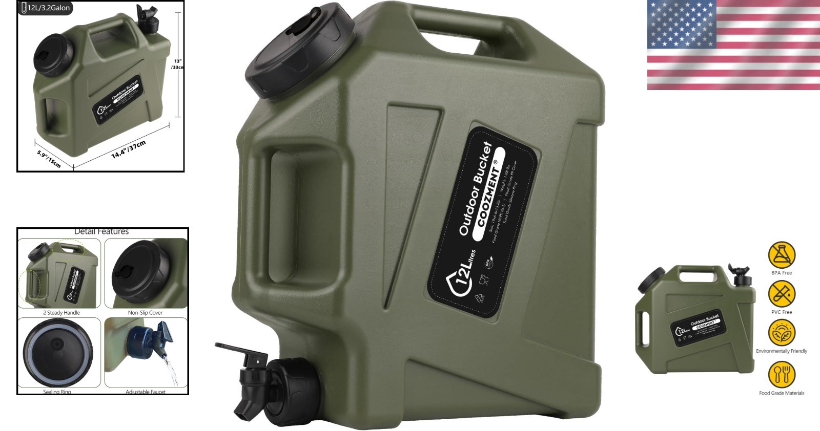 Emergency-Ready 5 Gallon Military Green Water Storage Container with Spigot