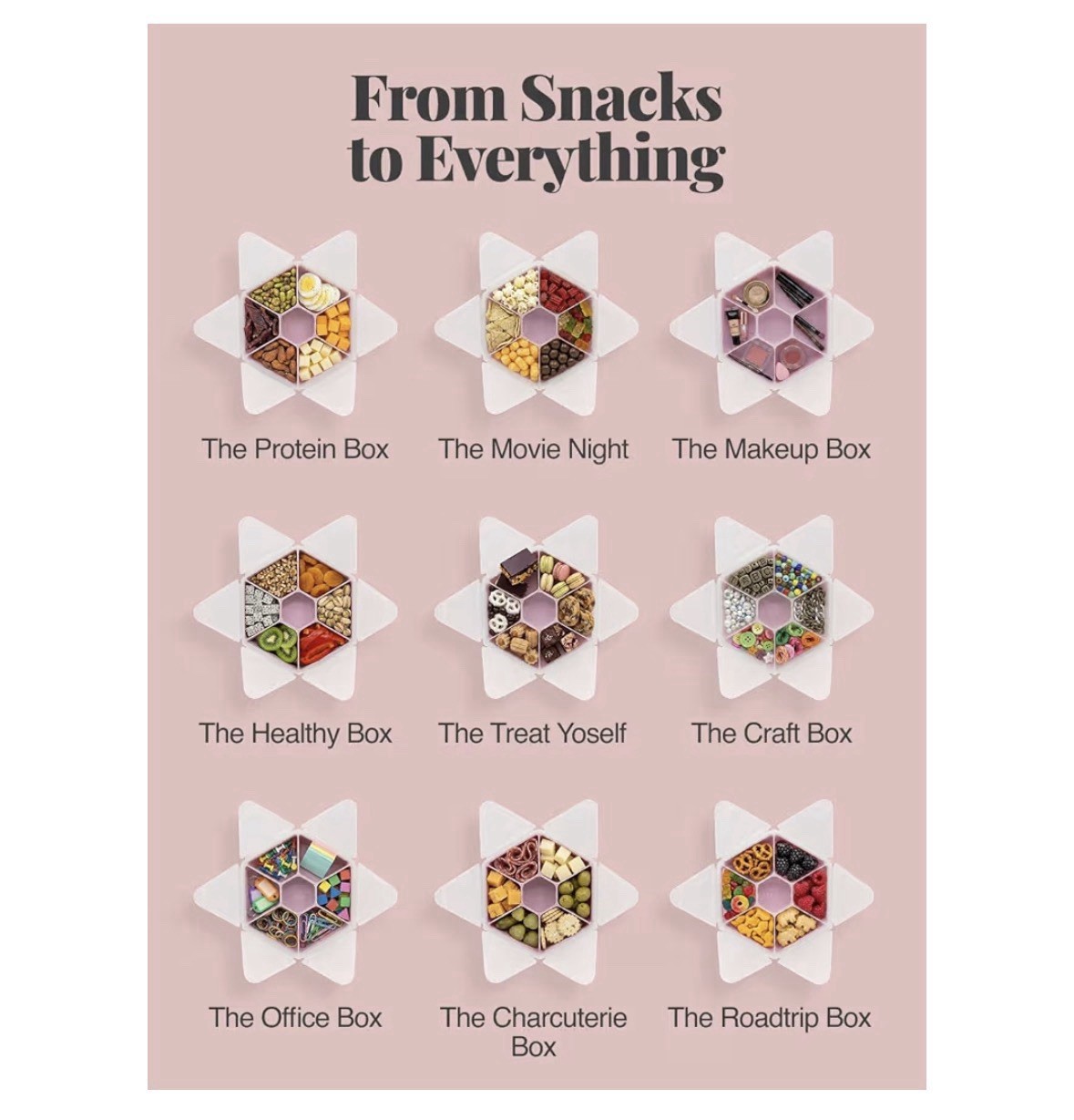 Melii Hexagon Snackle Box (2) 6-Compartment Containers w SnapLock Lids Mint/Pink