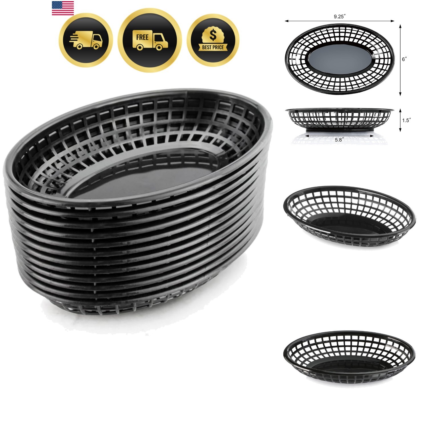 Fast Food Baskets, 9 1/4 x 6 Inch Oval, Set of 12, Black