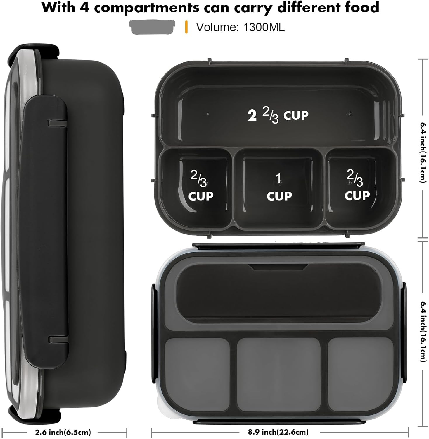Bento Box Adult Lunch Containers, 5 Cup with 4 Compartments &Spork Black