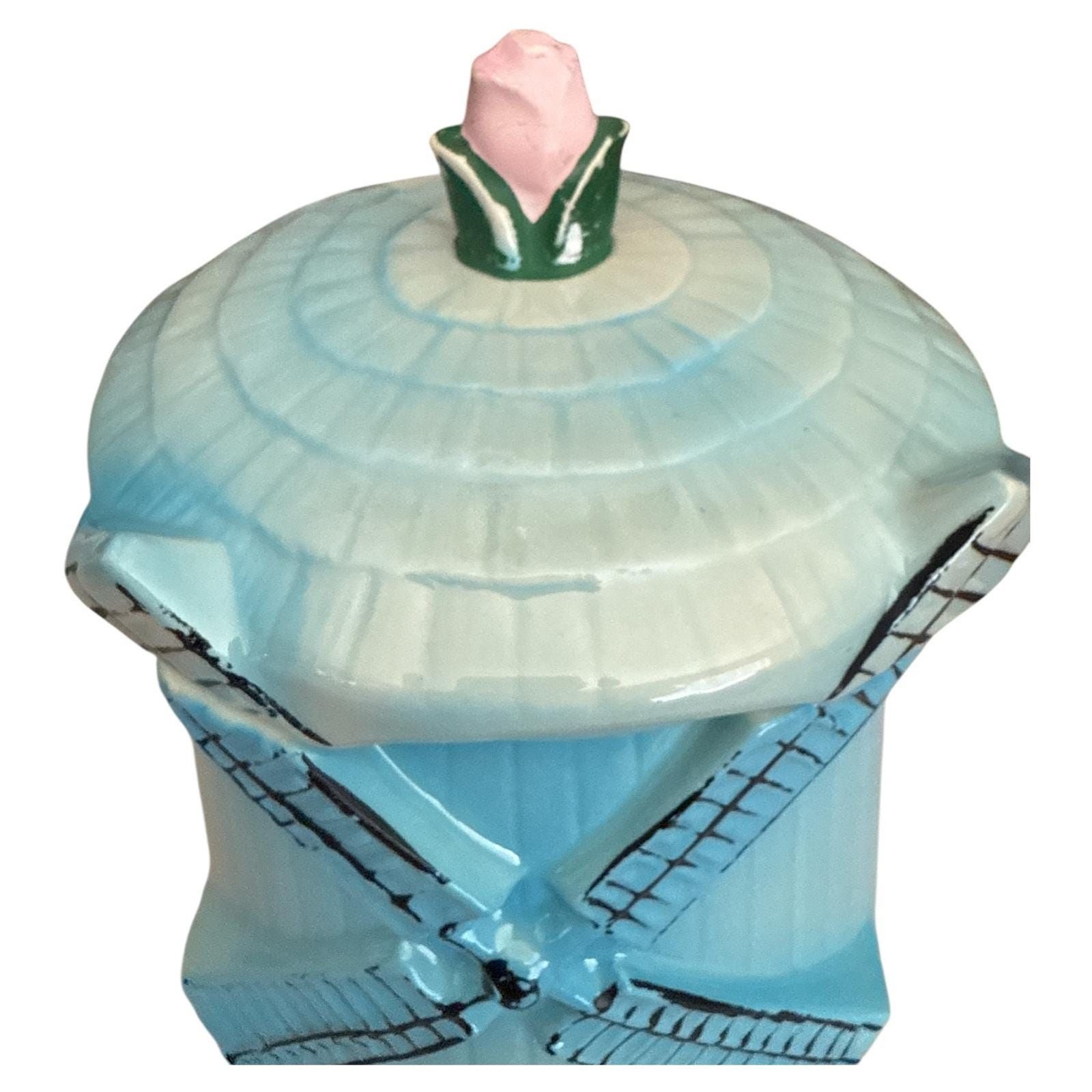 VTG 1960s McCoy Blue Windmill Cookie Jar Pink Rose Lid Farmhouse Kitchen