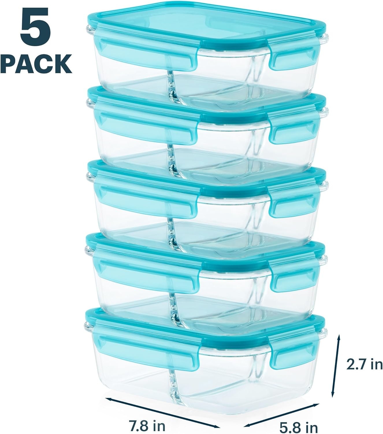 Glass Mealbox (5-Pack, 4 Cup) Divided Compartments with Locking Lids, for Meal P
