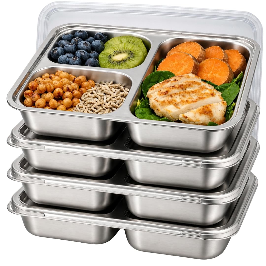 4 Pack Snack Containers for , Stainless Steel Plates with Lids, 3 Compartment…
