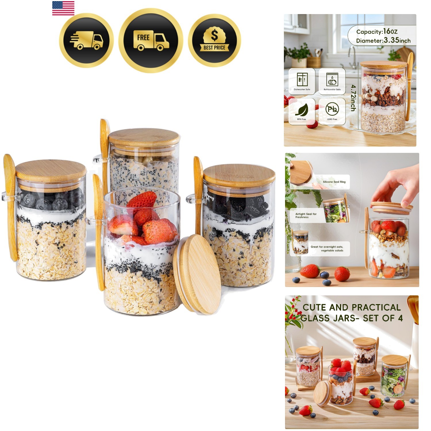 Overnight Oats Containers with Lids,16oz Overnight Oats Jars 4 Pack, Oatmeal …