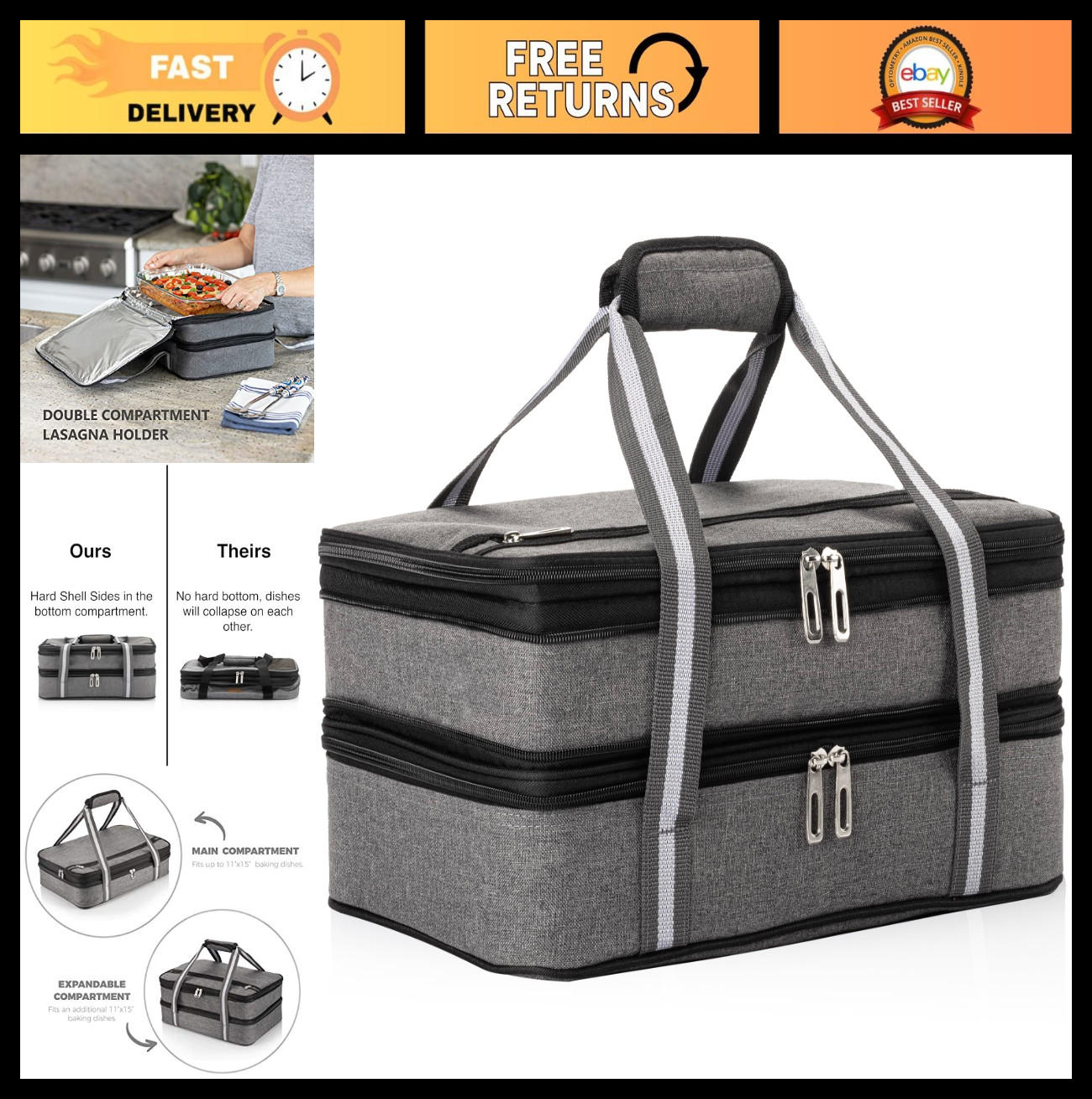 Insulated Casserole Carrier for Hot & Cold Food – Expandable Double Thermal Bag,