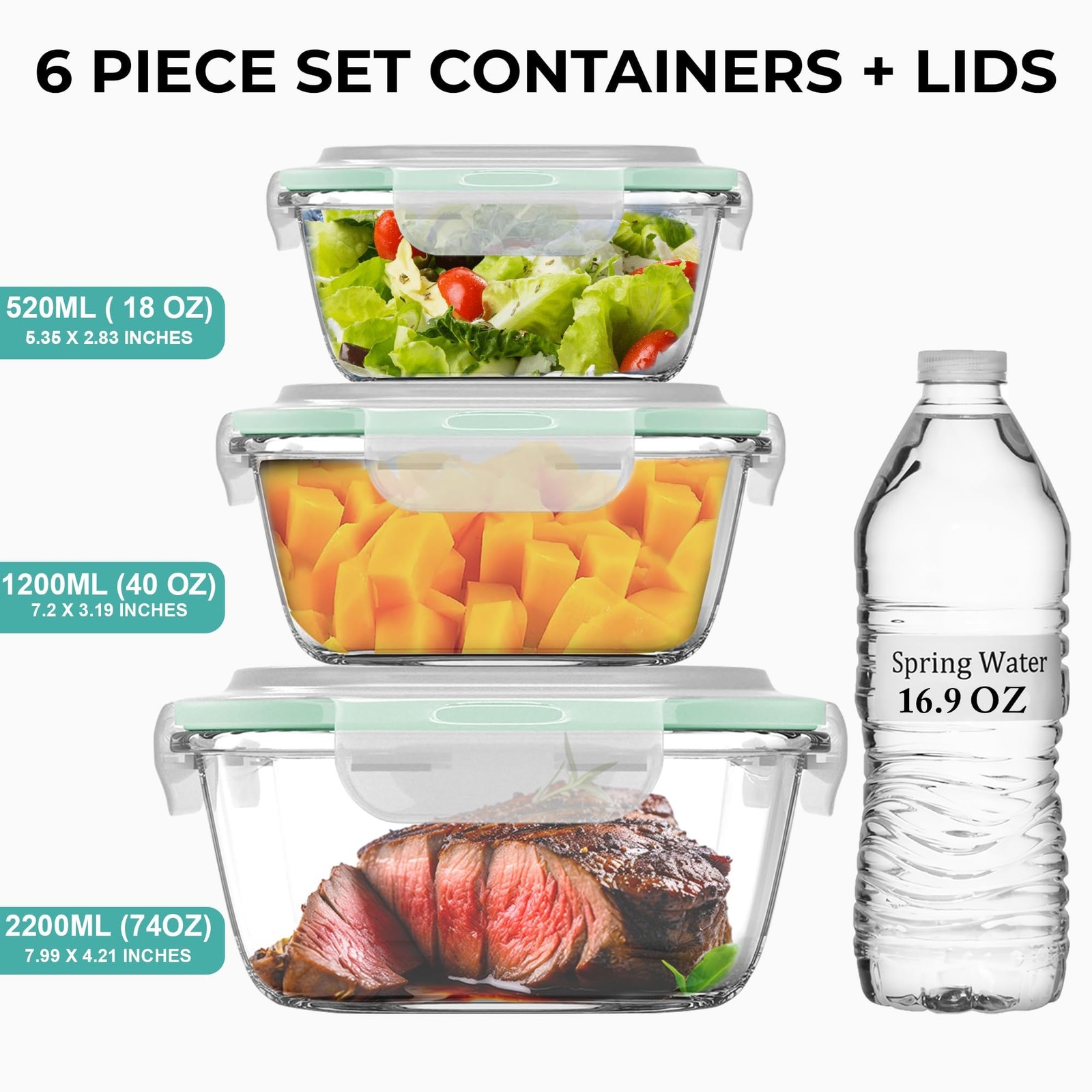 6 PC Square Glass Food Storage Containers with Airtight lids (74, 40 & 18 oz)…