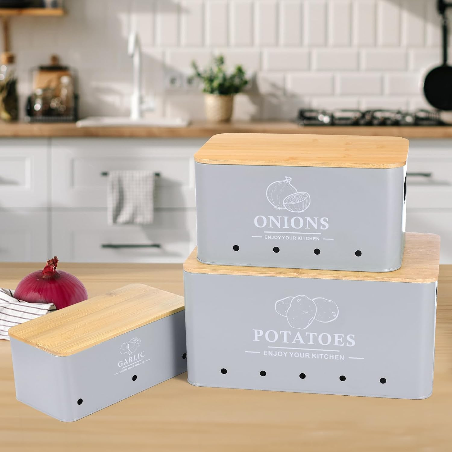 Kitchen Vegetable Storage Set of 3, Metal Onion Garlic Potato Storage Set, Kitch