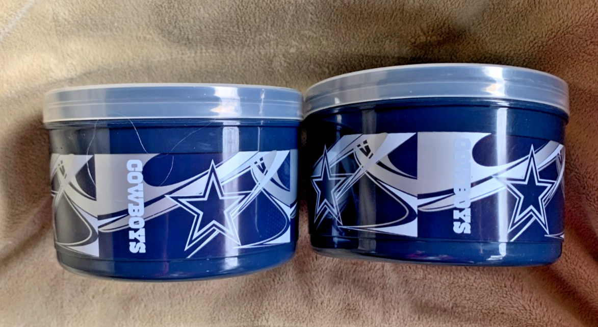 (B03) TWO -NFL DALLAS COWBOYS Plastic Dip Snack Container W/Lid 11.5oz-Licensed