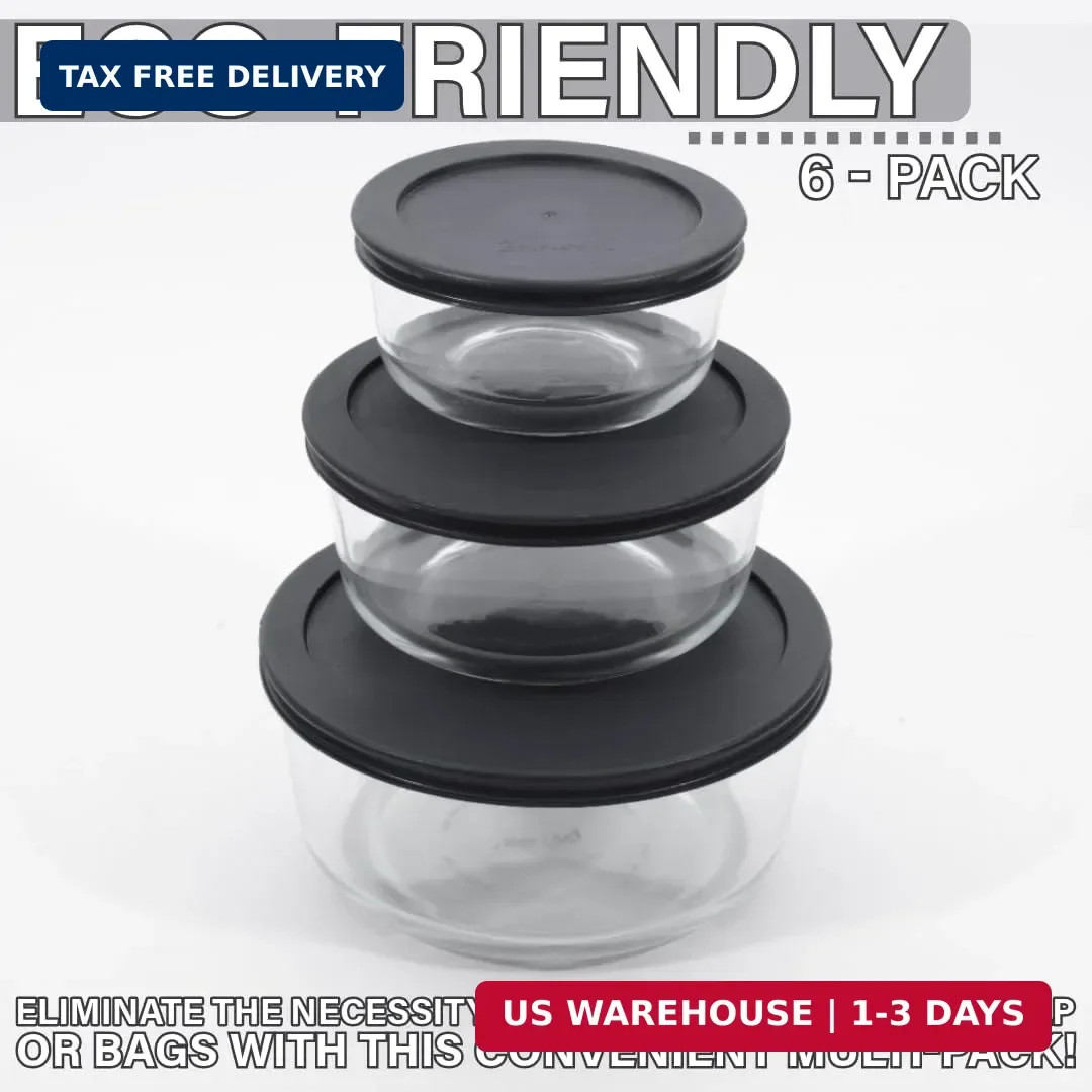 CIBI Food Storage Container Lids (2 Cups, Black – 6PK) For Pyrex and Anchor Roun