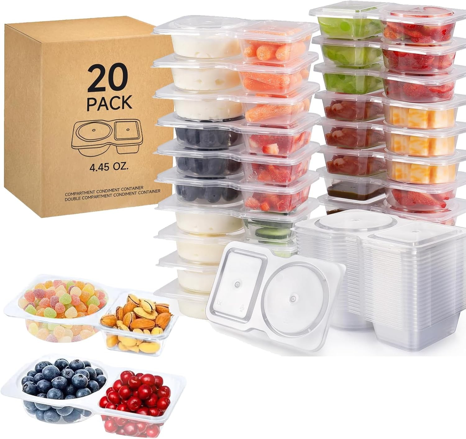 20 Sets Reusable Snack Containers with Lids,2-Compartment Condiment & Dip