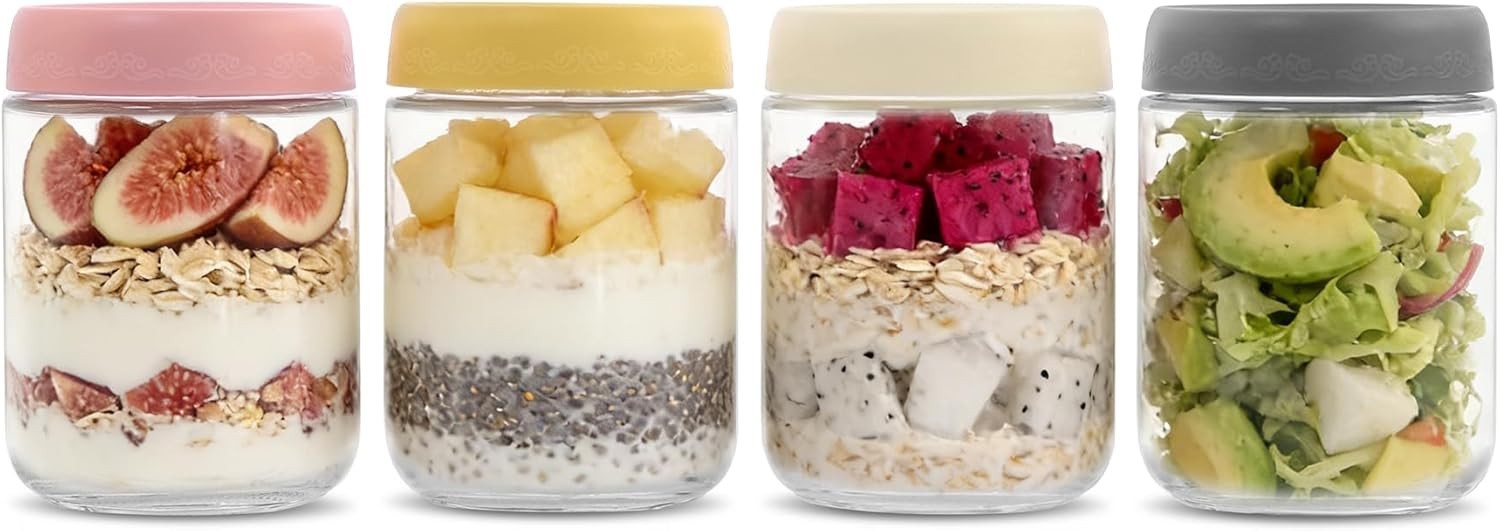 4 Pack 16oz Glass Overnight Oats Containers w/ Airtight Lids