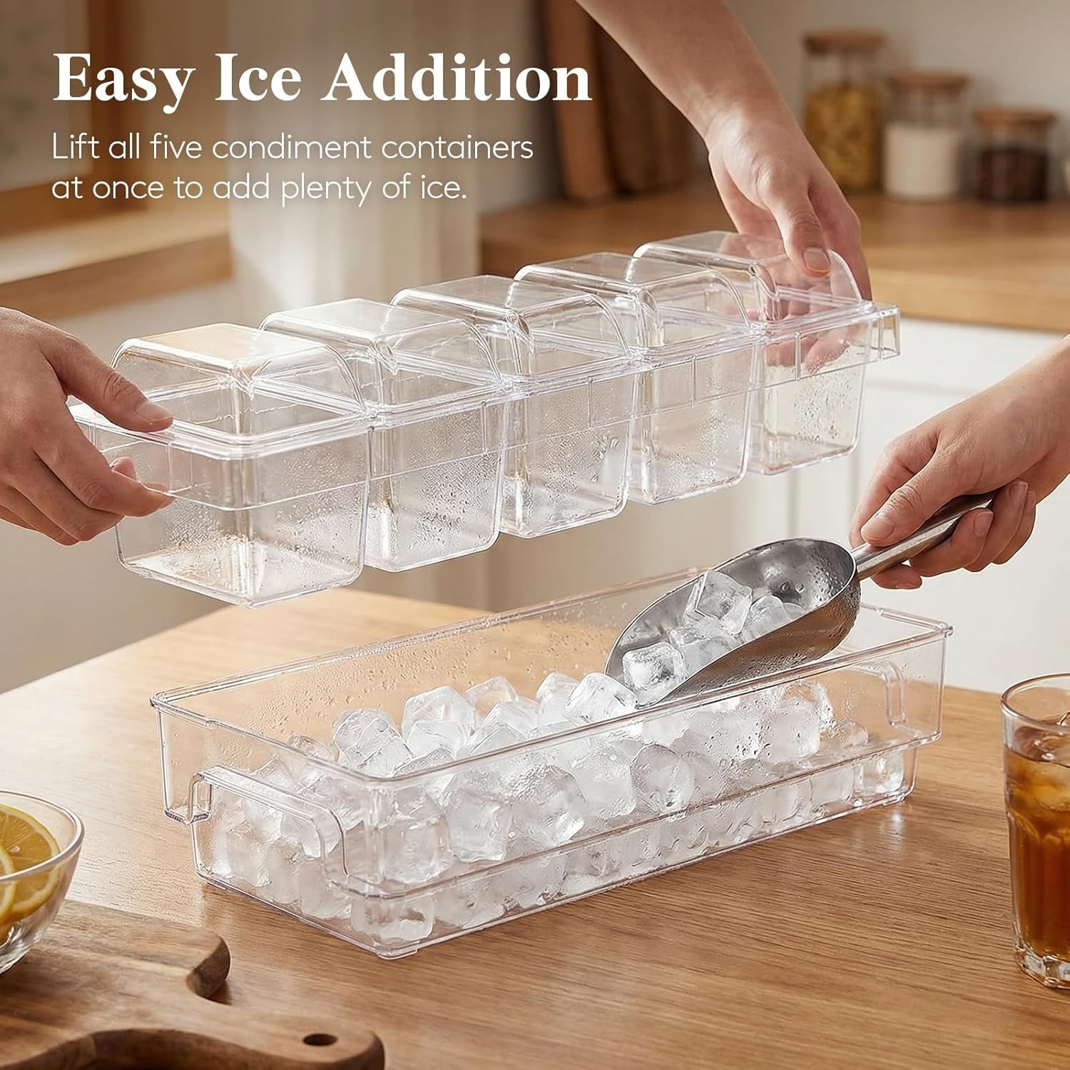 Lifewit 2-Piece Condiment Caddy Set with Lids Ice Garnish Tray Clear Plastic